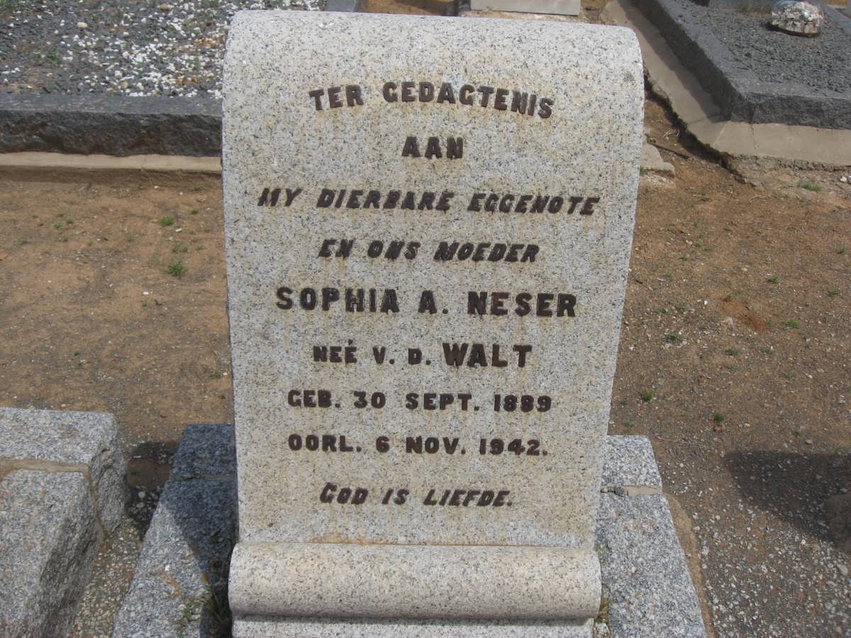 NESER Sophia A. nee V.D. WALT 1889-1942