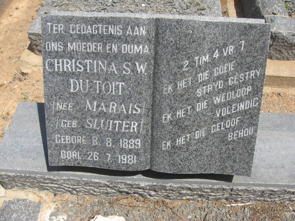 TOIT Christina S.W., du voorheen MARAIS nee SLUITER 1889-1981