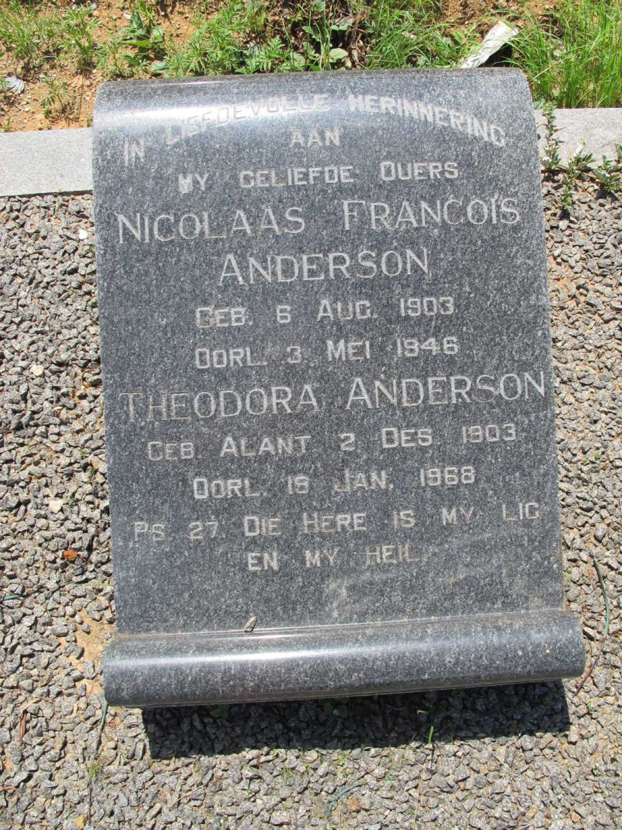 ANDERSON Nicolaas Francois 1903-1946 &amp; Theodora ALANT 1903-1968