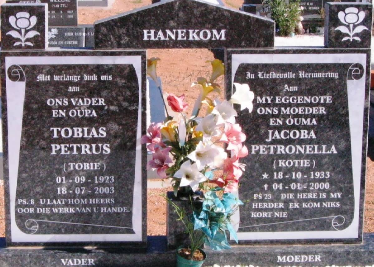 HANEKOM Tobias Petrus 1923-2003 &amp; Jacoba Petronella 1933-2000