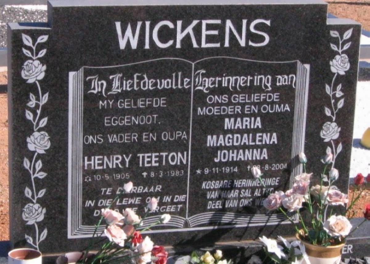 WICKENS Henry Teeton 1905-1983 &amp; Maria Magdalena Johanna 1914-2004
