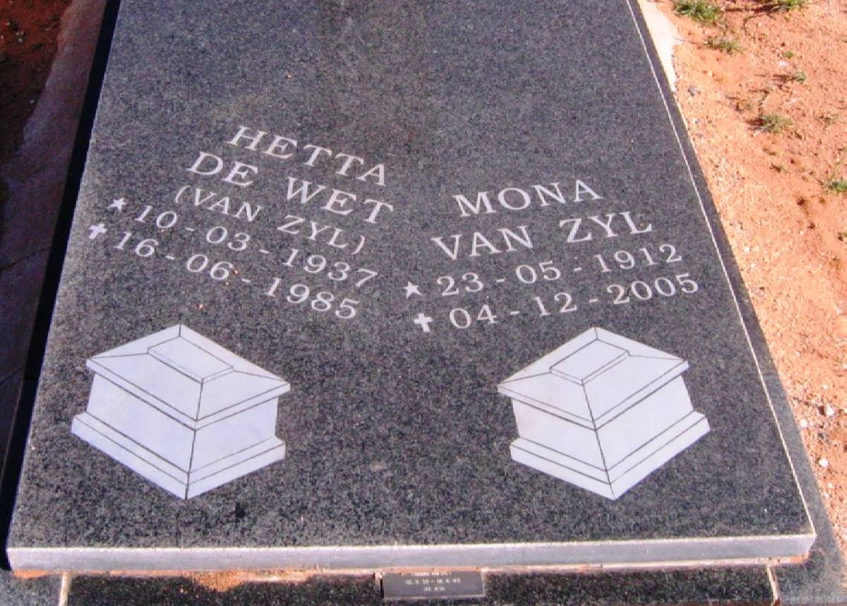 ZYL Mona 1912-2005 :: DE WET Hetta nee VAN ZYL 1937-1985