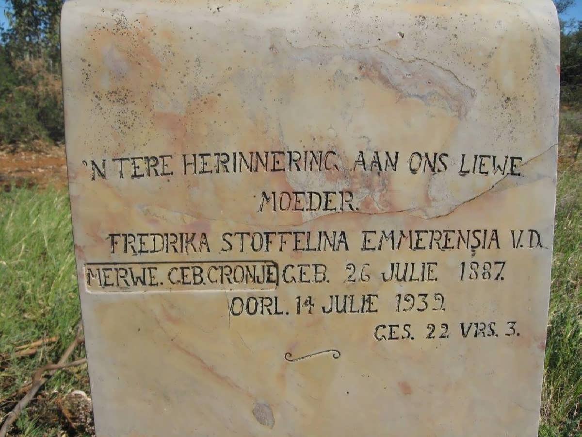 MERWE Fredrika Stoffelina Emmerensia, v.d. nee CRONJE 1887-1939