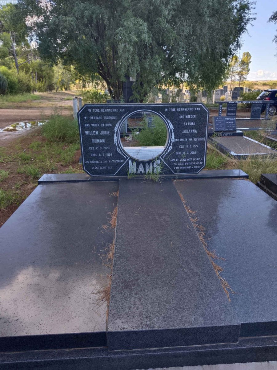 MANS Willem Jurie Human 1923-1984 & Johanna JANSEN VAN RENSBURG 1927-2008