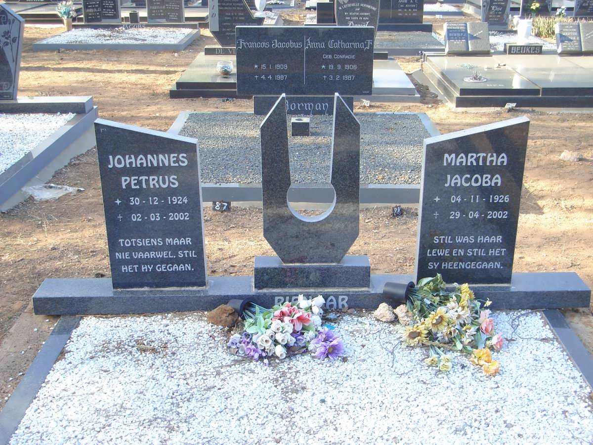 PIENAAR Johannes Petrus 1924-2002 &amp; Martha Jacoba 1926-2002