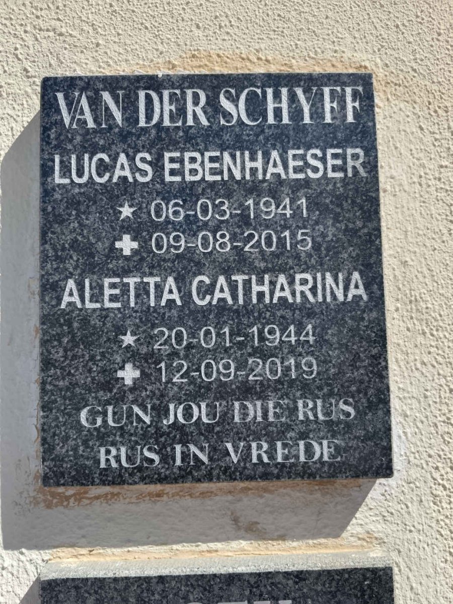 SCHYFF Lucas Ebenhaeser, van der 1941-2015 & Aletta Catharina 1944-2019