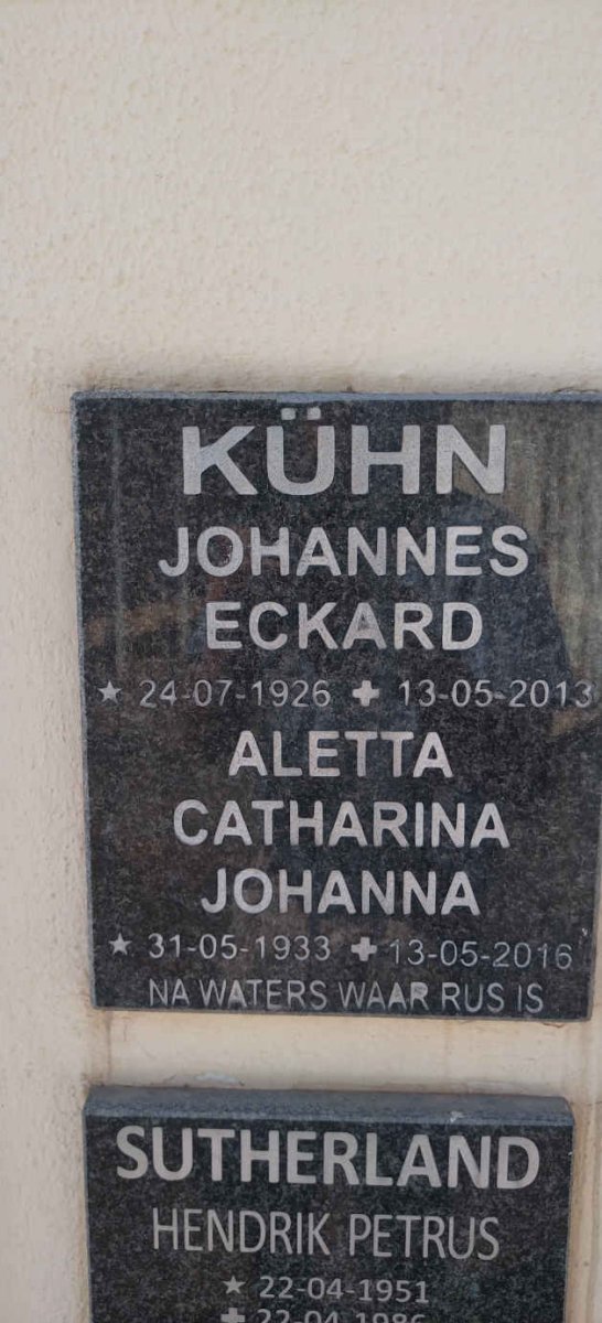 KUHN Johannes Eckard 1926-2013 & Aletta Catharina Johanna 1933-2016