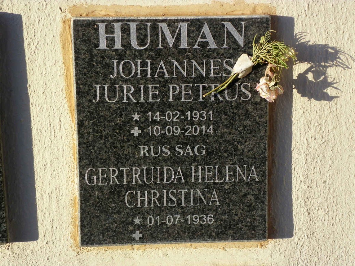HUMAN Johannes Jurie Petrus 1931-2014 &amp; Gertruida Helena Christina 1936-