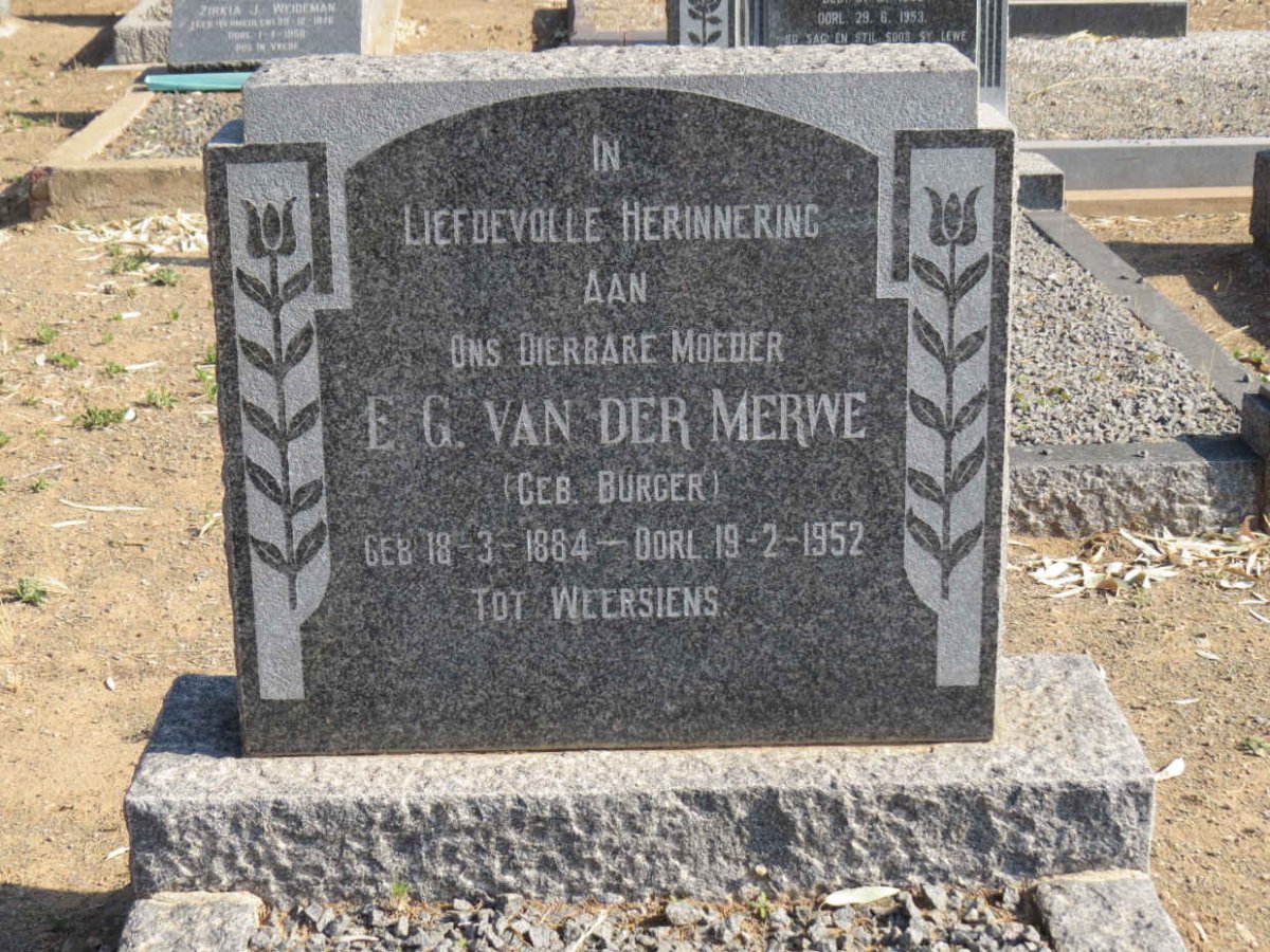 MERWE E.G., van der nee BURGER 1884-1952