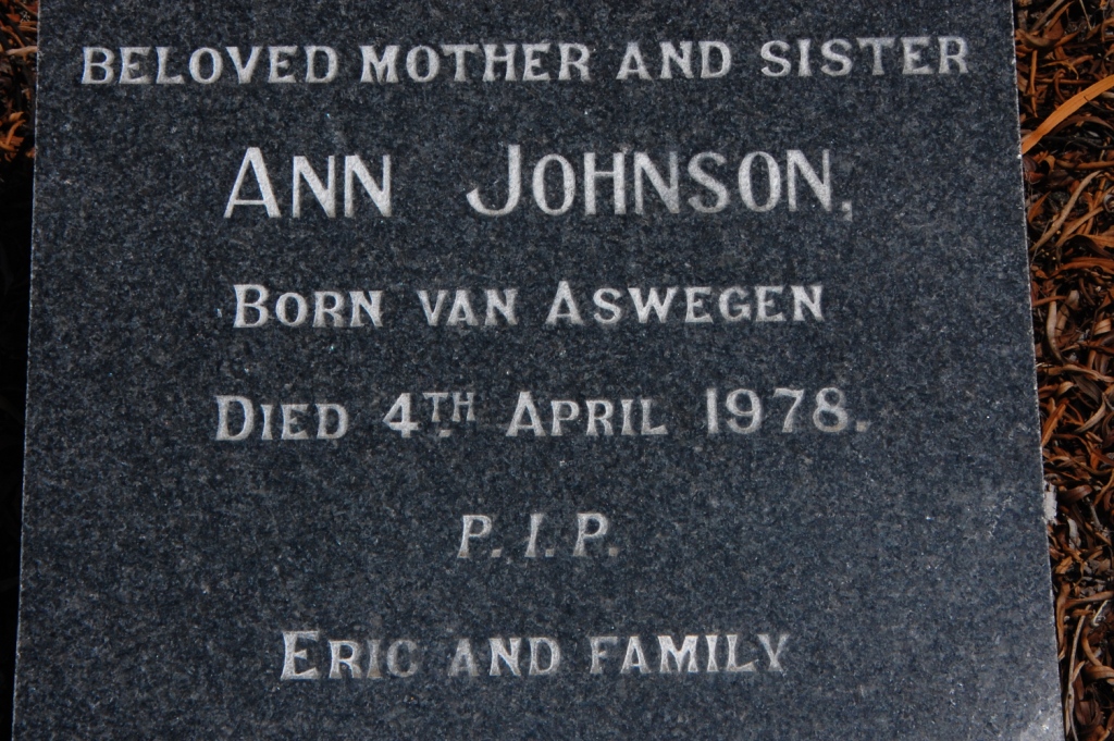 JOHNSON Ann nee VAN ASWEGAN -1978