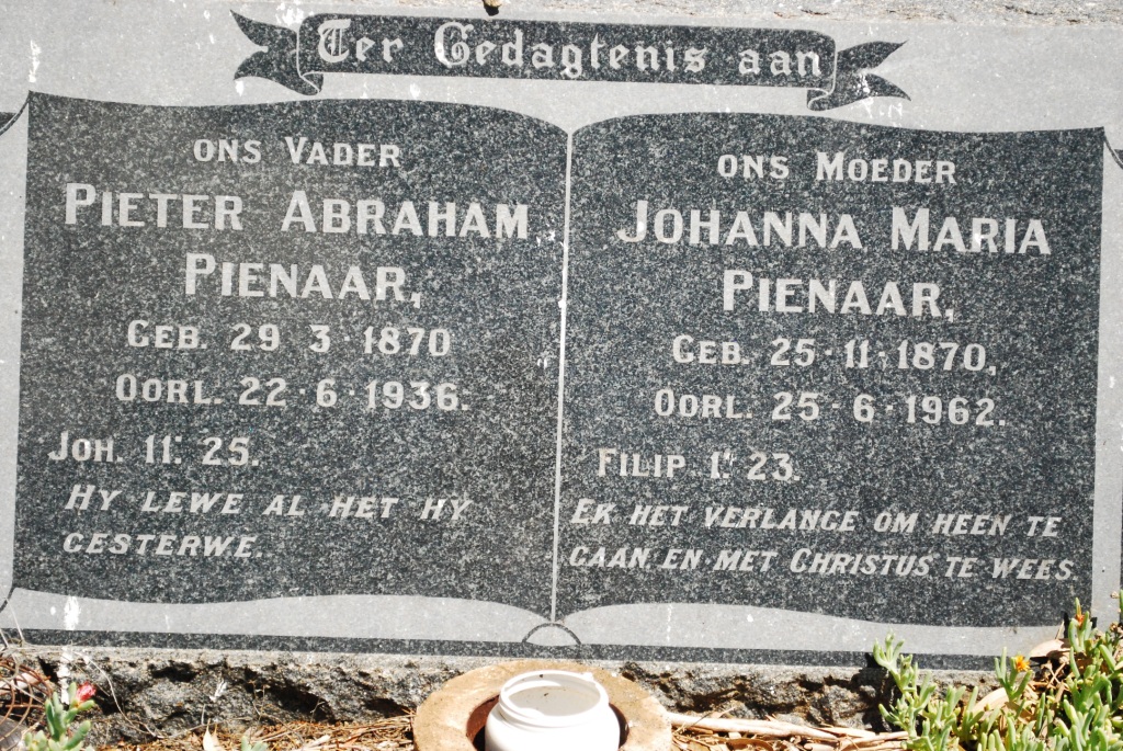 PIENAAR Pieter Abraham 1870-1936 &amp; Johanna Maria 1870-1962