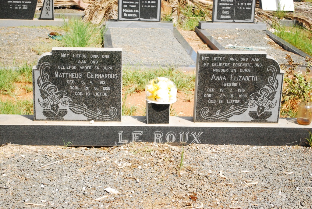 ROUX Mattheus Gerhardus, le 1913-1998 &amp; Anna Elizabeth 1915-1996