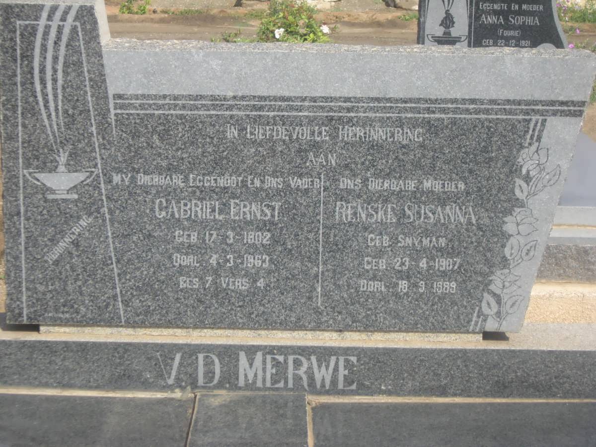 MERWE Gabriel Ernst, v.d. 1902-1963 &amp; Renske Susanna SNYMAN 1907-1989