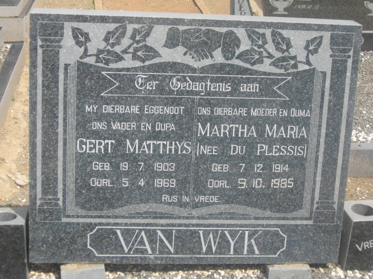 WYK Gert Matthys, van 1903-1969 &amp; Martha Maria Du PLESSIS 1914-1985