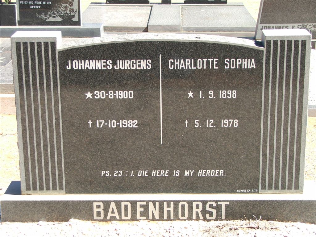 BADENHORST Johannes Jurgens 1900-1982 &amp; Charlotte Sophia 1898-1978