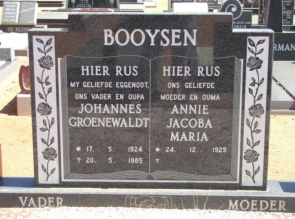 BOOYSEN Johannes Groenewaldt 1924-1985 &amp; Annie Jacoba Maria 1929-
