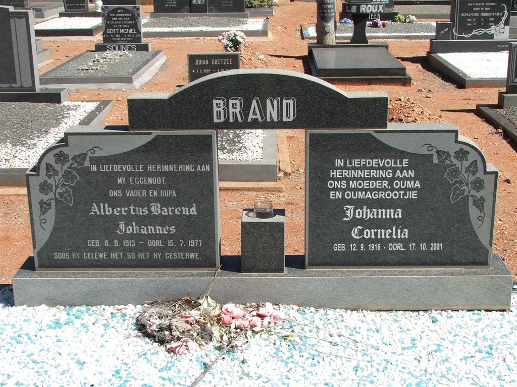 BRAND Albertus Barend Johannes 1913-1977 &amp; Johanna Cornelia 1916-2001
