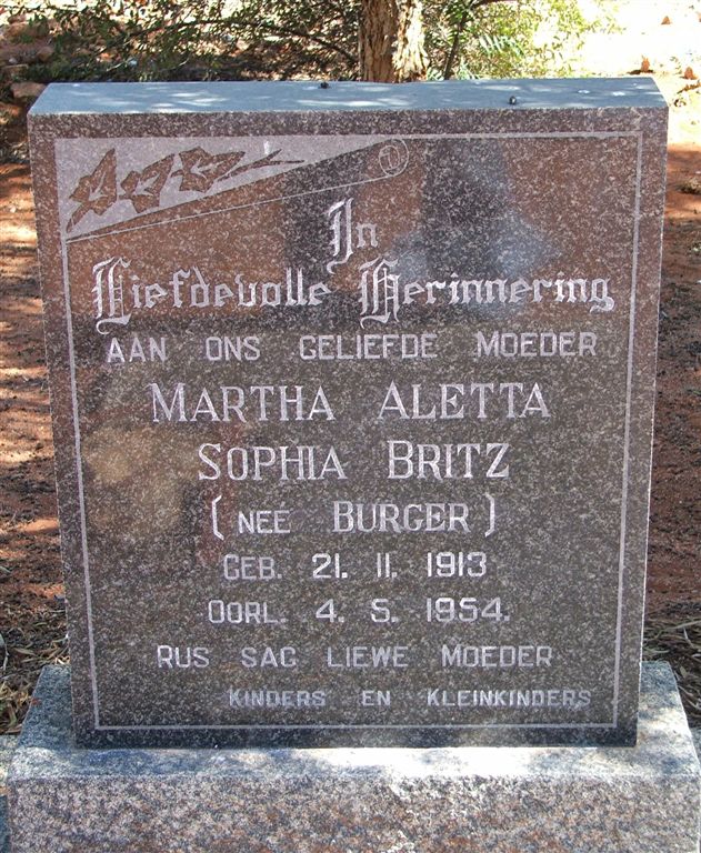 BRITZ Martha Aletta Sophia nee BURGER 1913-1954