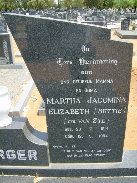 BURGER Martha Jacomina Elizabeth nee VAN ZYL 1914-1984