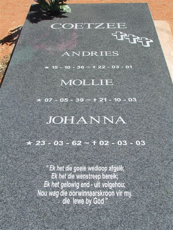 COETZEE Andries 1936-2001 &amp; Mollie 1939-2003 :: COETZEE Johanna 1962-2003