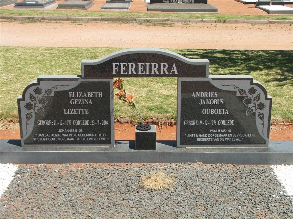 FEREIRRA Andries Jakobus 1976- &amp; Elizabeth Gezina 1976-2004