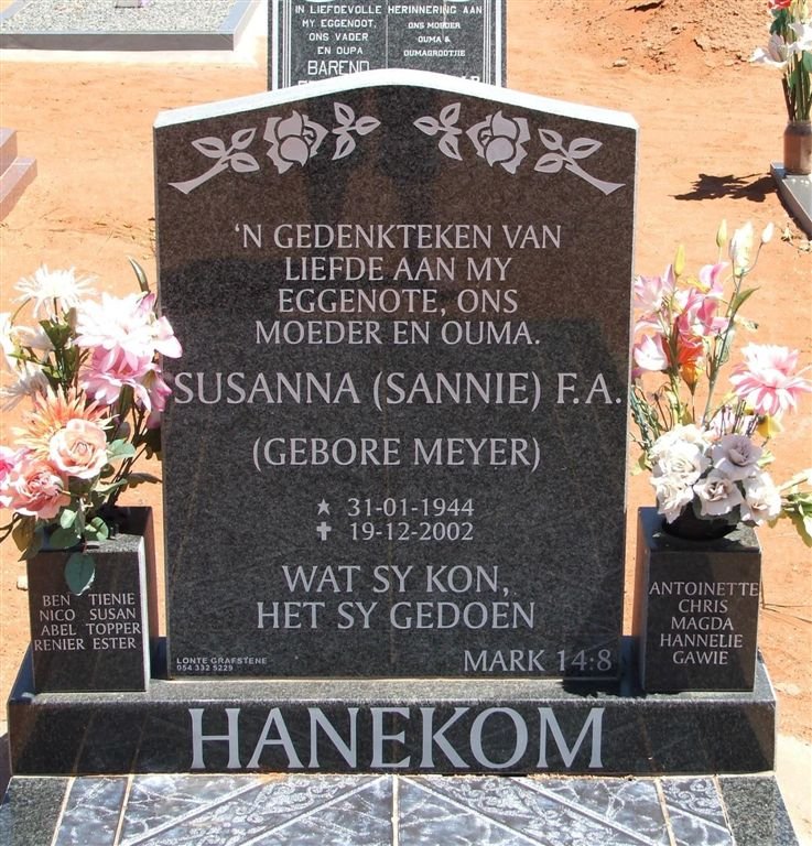 HANEKOM Susanna F.A. nee MEYER 1944-2002