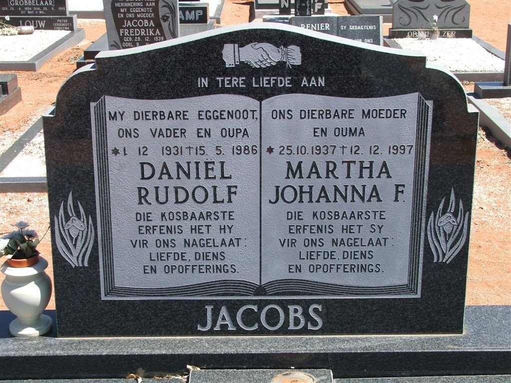 JACOBS Daniël Rudolf 1931-1986 &amp; Martha Johanna F. 1937-1997