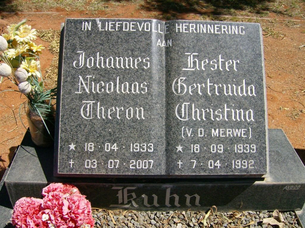 KUHN Johannes Nicolaas Theron 1933-2007 &amp; Hester Gertruida Christina V.D.MERWE 1939-1992