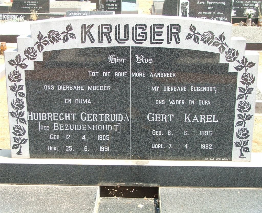 KRUGER Gert Karel 1896-1982 &amp; Huibrecht Gertruida BEZUIDENHOUDT 1905-1991