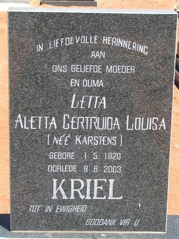 KRIEL Aletta Gertruida Louisa nee KARSTENS 1920-2003