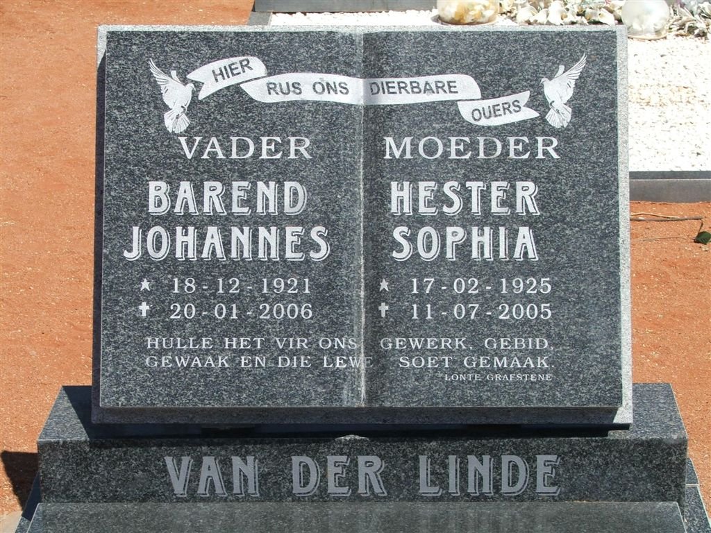 LINDE Barend Johannes, van der 1921-2006 &amp; Hester Sophia 1925-2005