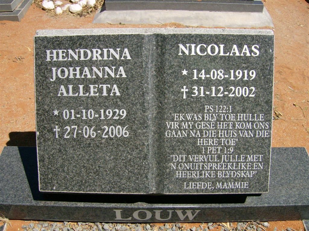 LOUW Nicolaas 1919-2002 &amp; Hendrina Johanna Alleta 1929-2006