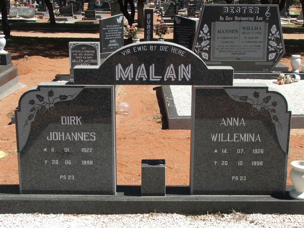 MALAN Dirk Johannes 1922-1998 &amp; Anna Willemina 1926-1998