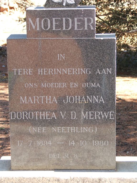 MERWE Martha Johanna Dorothea, v.d. nee NEETHLING 1894-1980