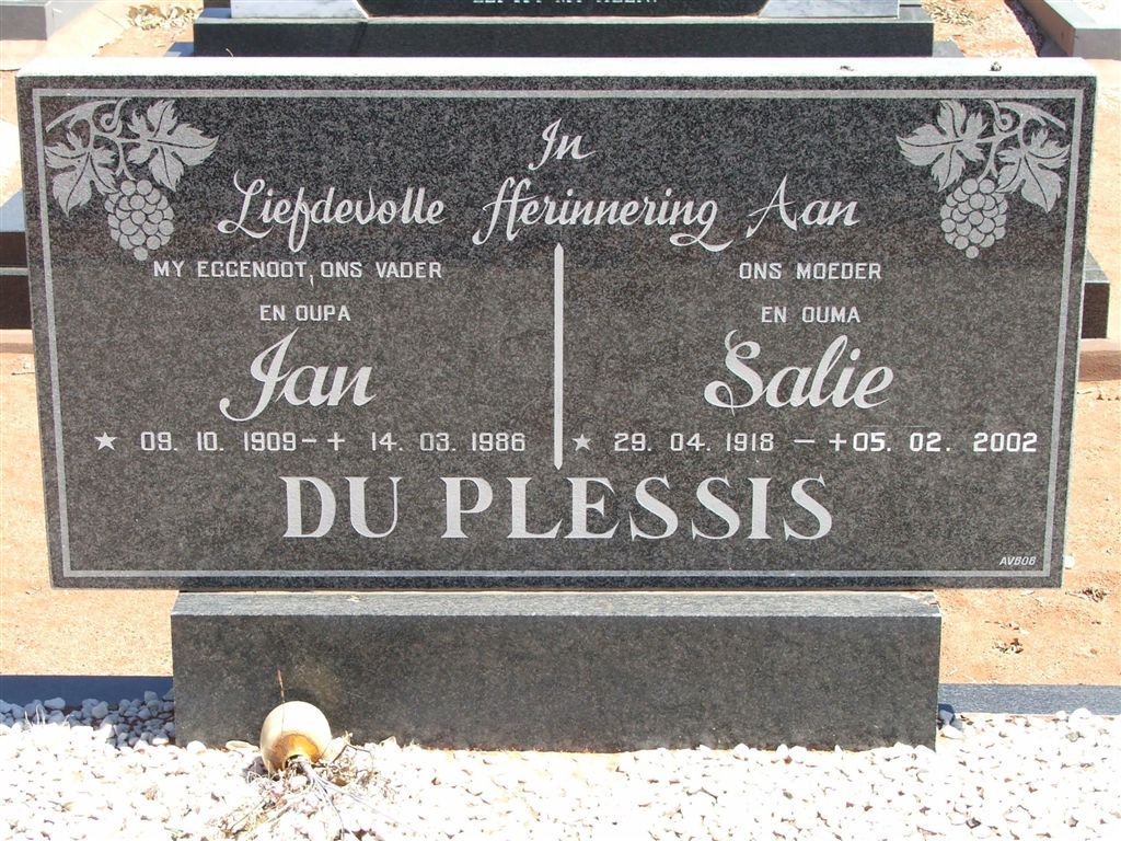 PLESSIS Jan, du 1909-1986 &amp; Salie 1918-2002