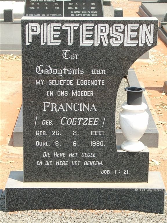 PIETERSEN Francina nee COETZEE 1933-1980