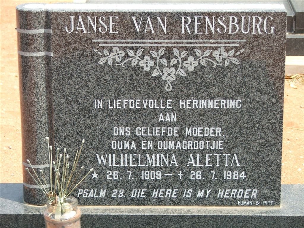 RENSBURG Wilhelmina Aletta, Janse van 1909-1984
