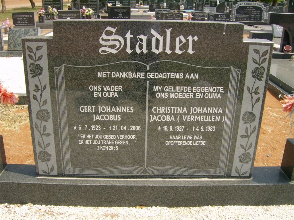 STADLER Gert Johannes Jacobus 1923-2006 &amp; Christina Johanna Jacoba VERMEULEN 1927-1983