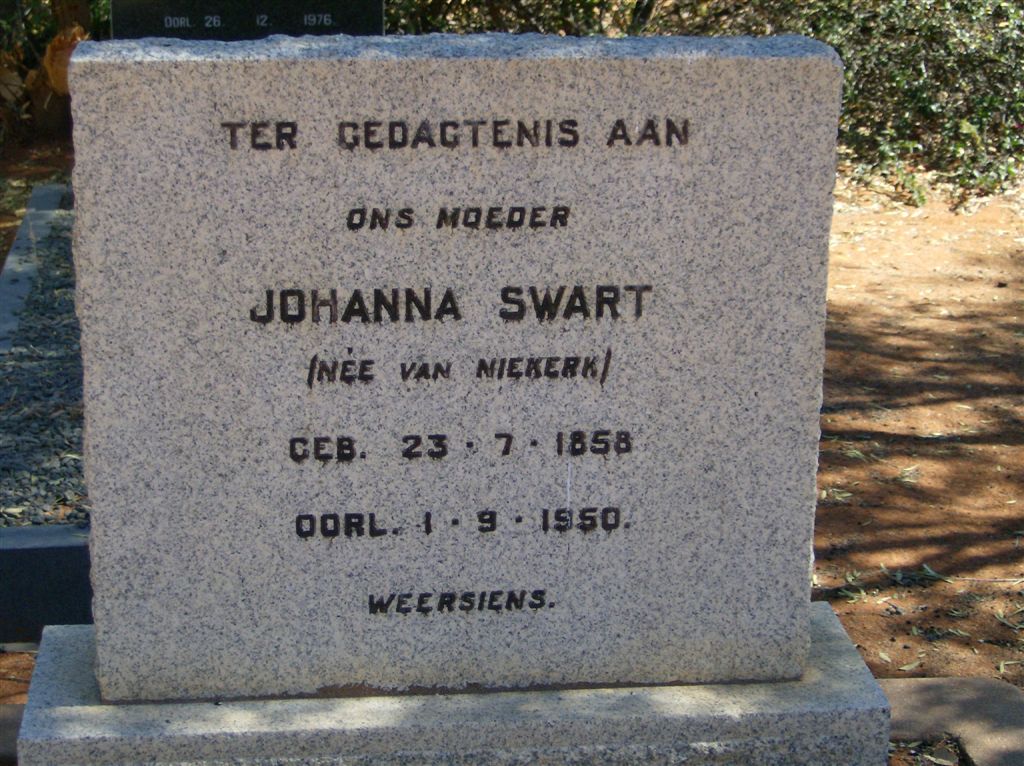 SWART Johanna nee VAN NIEKERK 1858-1950