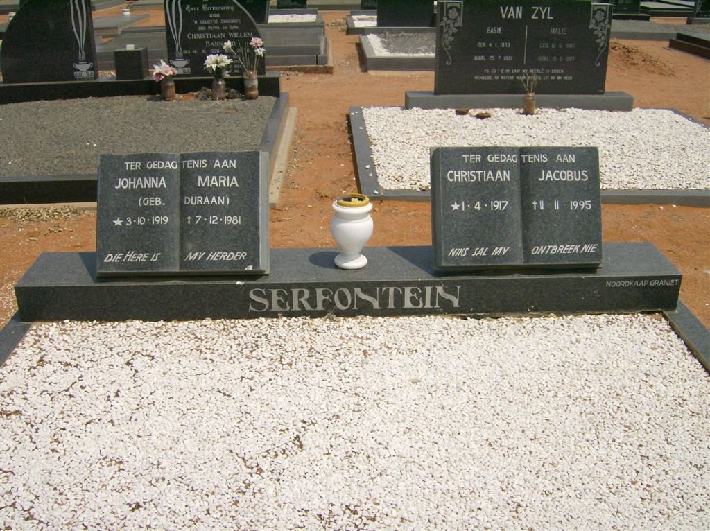 SERFONTEIN Christiaan Jacobus 1917-1995 &amp; Johanna Maria DURAAN 1919-1981