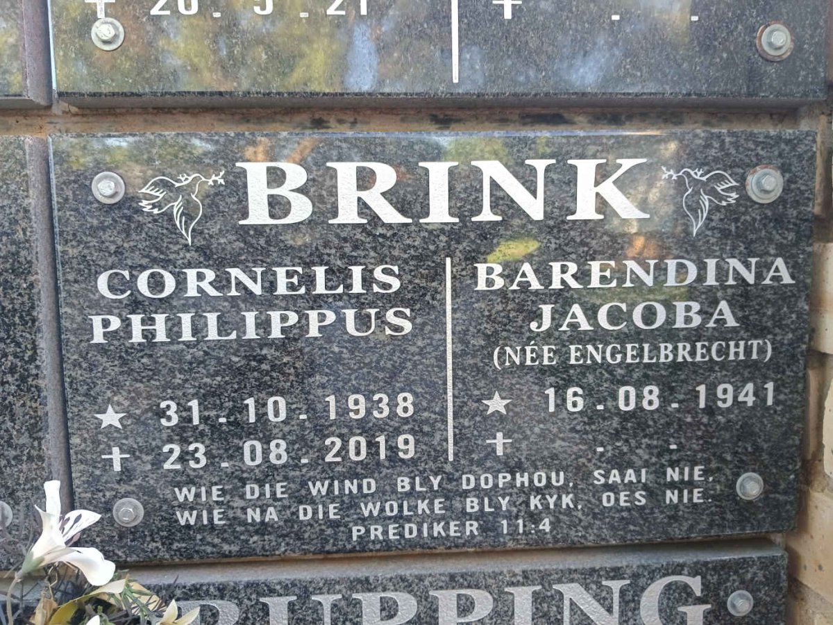 BRINK Cornelius Philippus 1938-2019 & Barendina Jacoba nee ENGELBRECHT 1941-