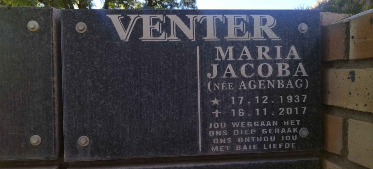 VENTER Maria Jacoba nee AGENBAG 1937-2017