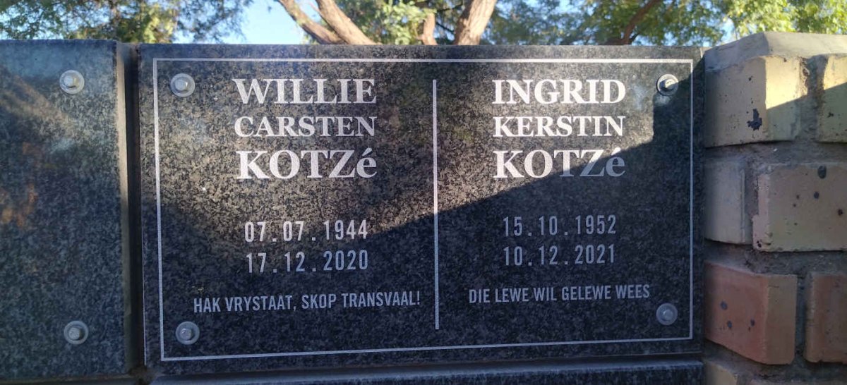 KOTZE Willie Carsten 1944-2020 & Ingrid Kerstin 1952-2021