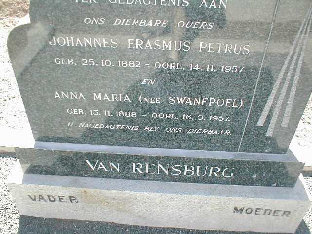 RENSBURG Johannes Erasmus Petrus, van 1882-1957 &amp; Anna Maria SWANEPOEL 1888-1957