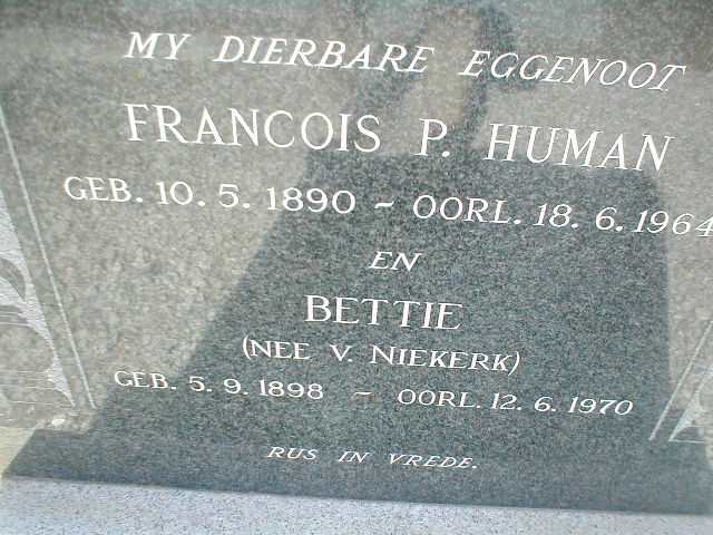 HUMAN Francois P. 1890-1964 &amp; Bettie VAN NIEKERK 1898-1970