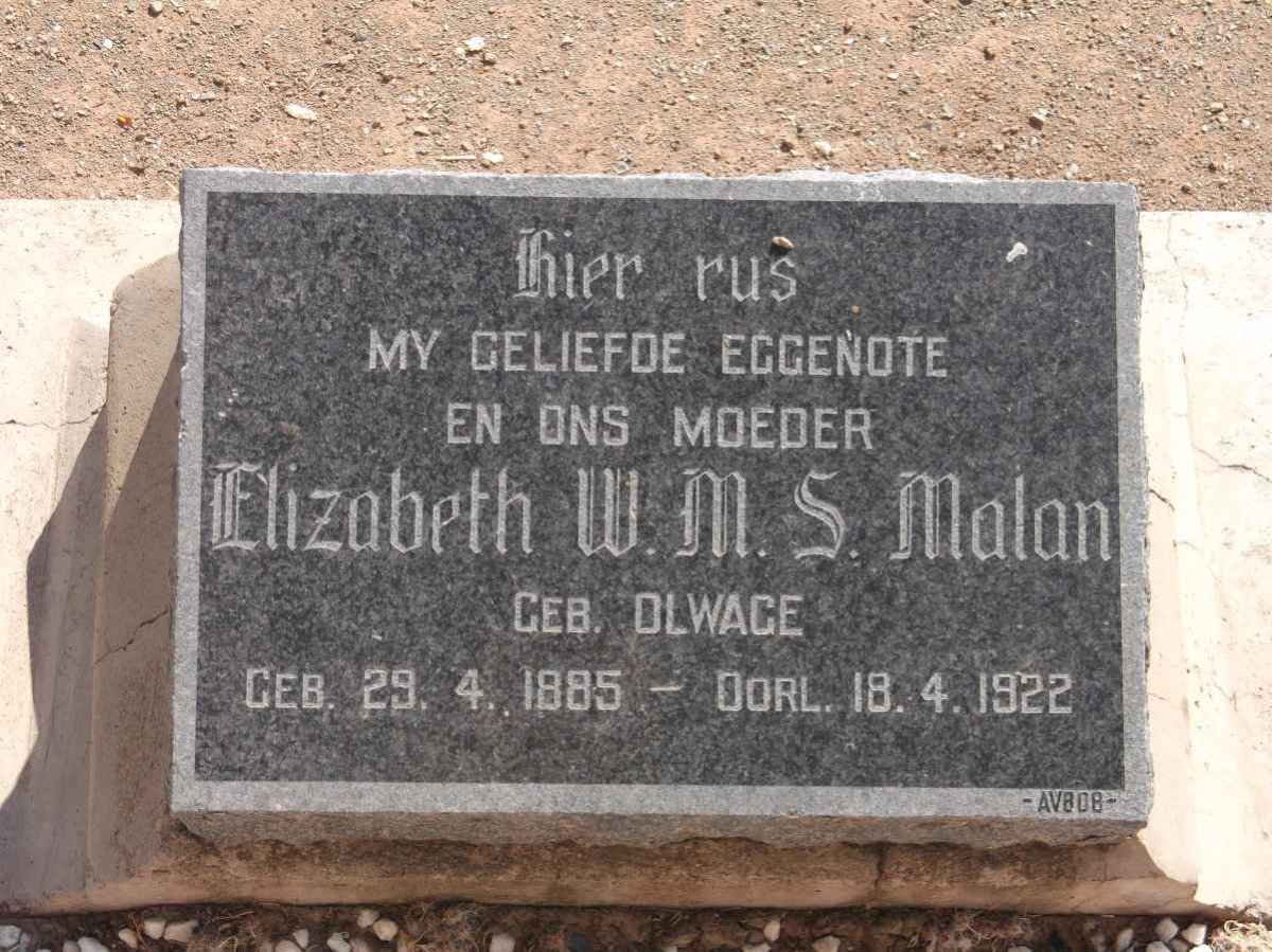 MALAN Elizabeth W.M.S. nee OLWAGE 1885-1922