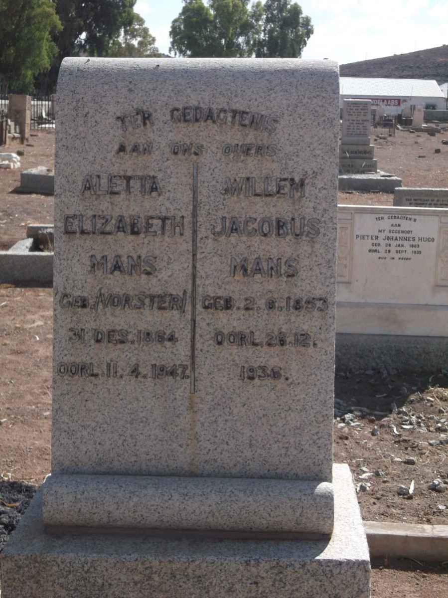 MANS Willem Jacobus 1853-1936 &amp; Aletta Elizabeth VORSTER 1864-1947
