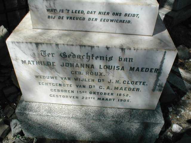 MAEDER Mathilde Johanna Louisa voorheen CLOETE nee ROUX 1852-1905