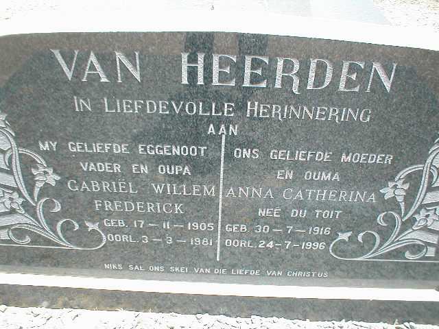 HEERDEN Gabriël Willem Frederick, van 1905-1981 &amp; Anna Catharina DU TOIT 1916-1996