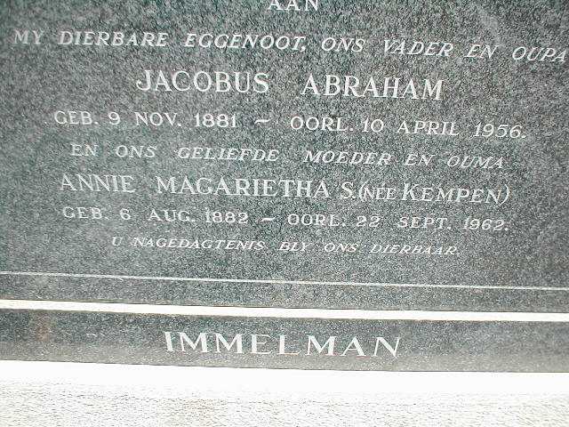 IMMELMAN Jacobus Abraham 1881-1956 &amp; Annie Magrietha S. KEMPEN 1882-1962